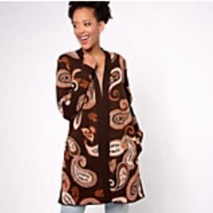 Denim & Co. Heritage PaisleyJacquard Open Front CardiganDark Chocolate